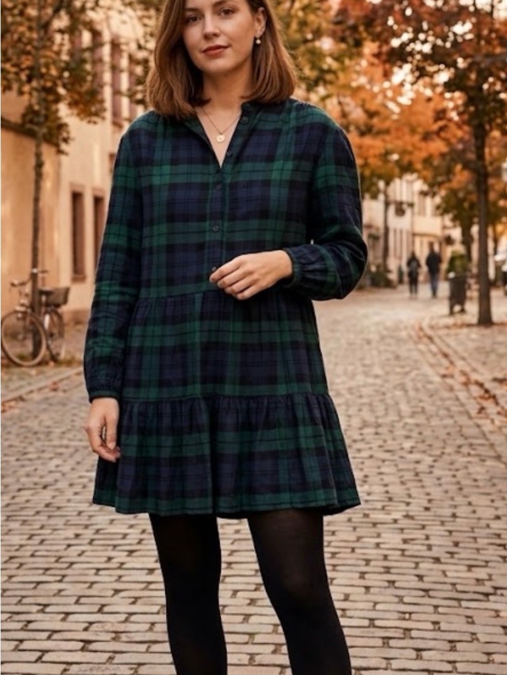 GAP Green & Navy Plaid Tiered Mini Dress